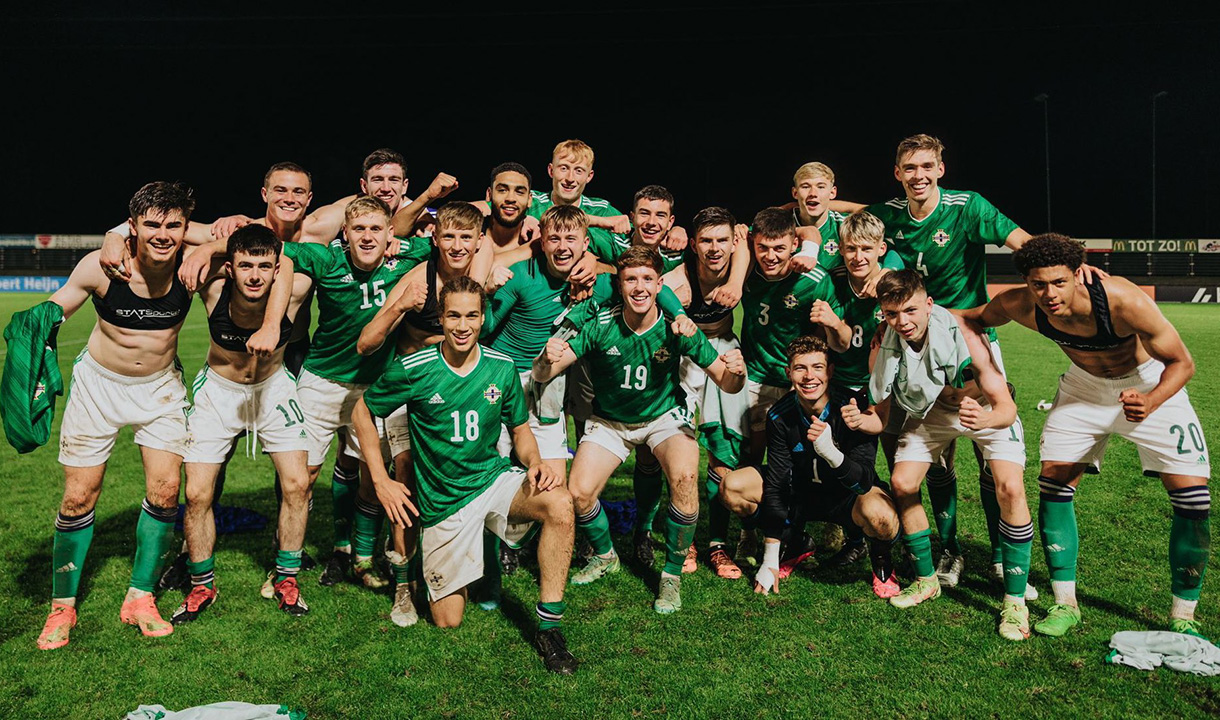 Callum Marshall, Michael Forbes and Patrick Kelly celebrate a Northern Ireland U19s win