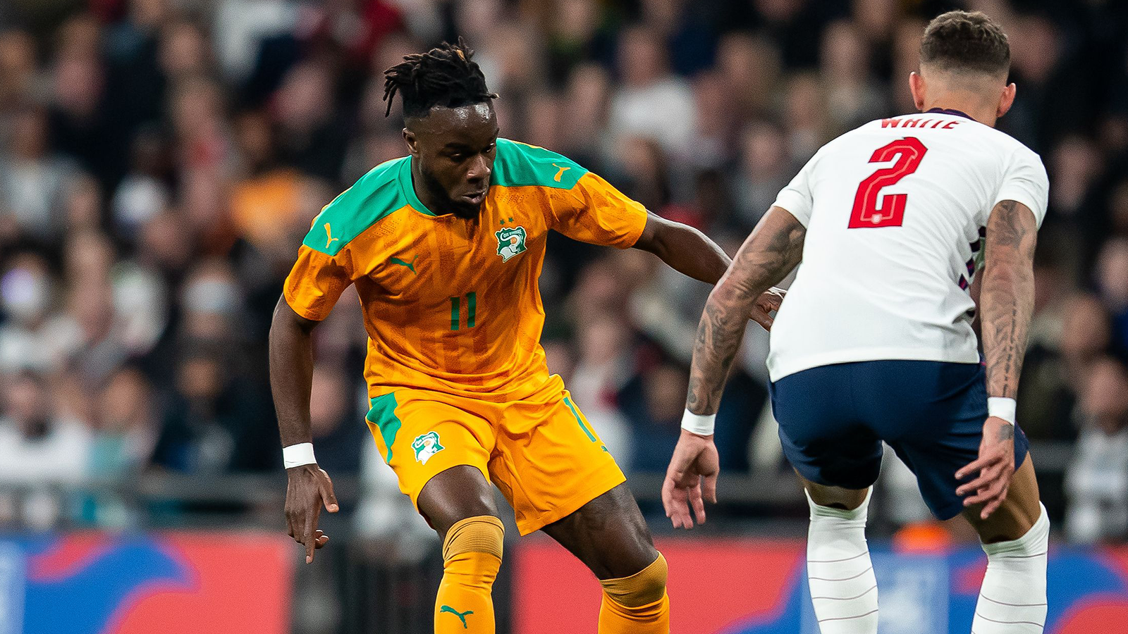 Maxwel Cornet in action for Ivory Coast against England