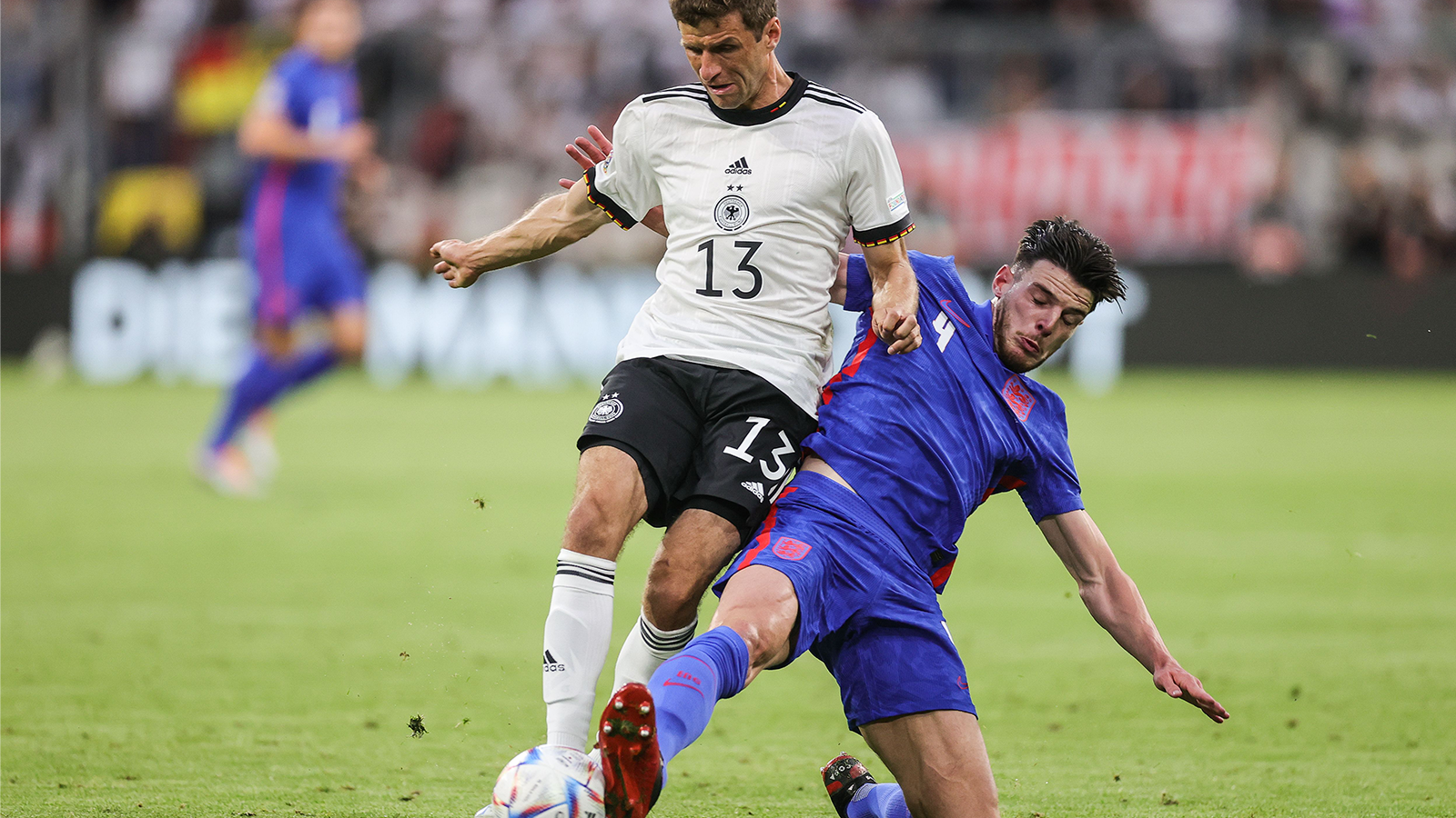 Declan Rice makes a tackle against Germany