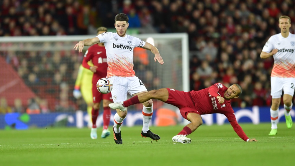 Declan Rice in action at Liverpool