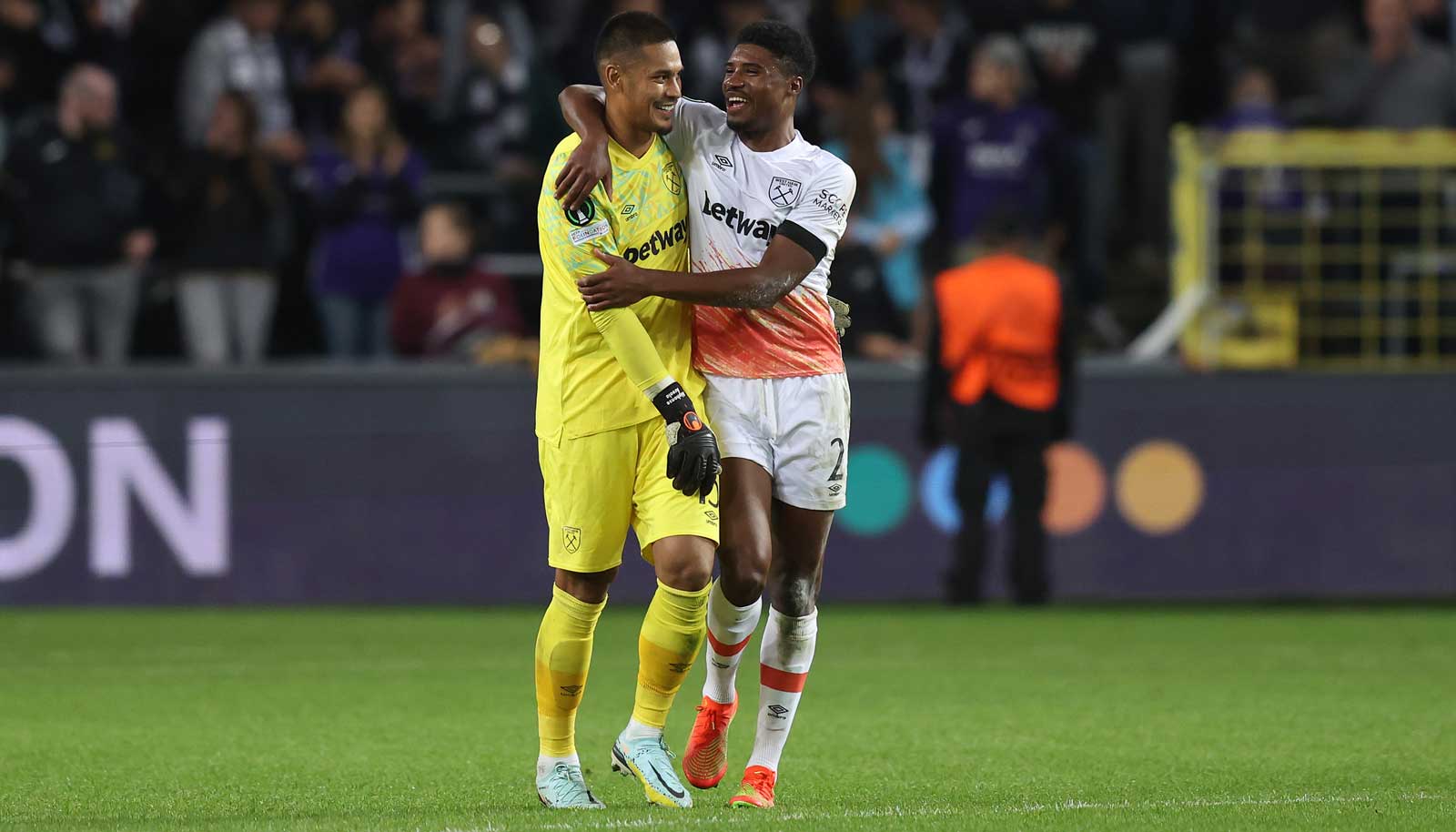Ben Johnson and Alphonse Areola embrace at full-time