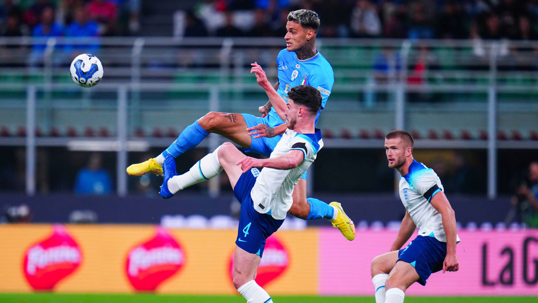 Declan Rice challenges Italy's Gianluca Scamacca