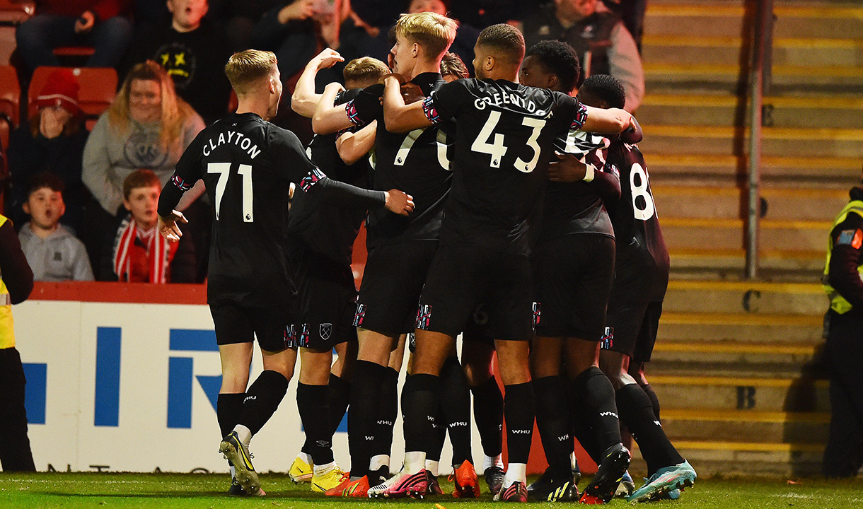 West Ham United U21s celebrate a win against Cheltenham Town
