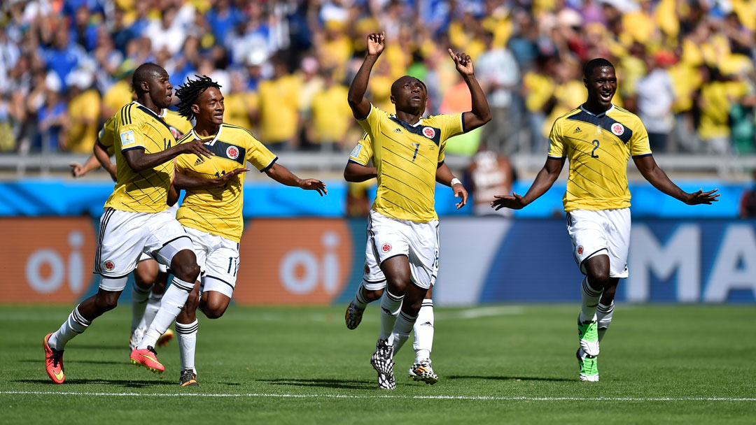 Pablo Armero celebrates scoring for Colombia at the 2014 World Cup