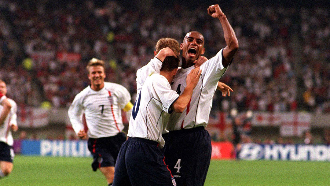 Trevor Sinclair celebrates at the 2002 World Cup