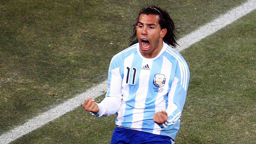 Carlos Tevez celebrates scoring against Mexico at the 2010 World Cup