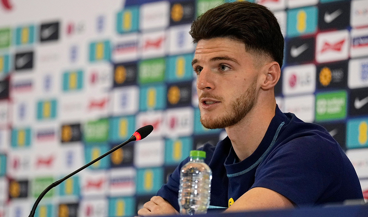 Declan Rice speaks at an England press conference