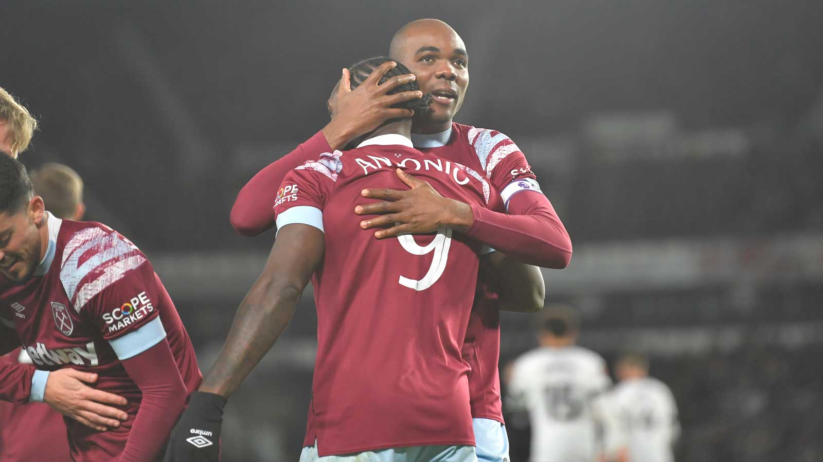 Michail Antonio celebrates his goal at Derby with Angelo Ogbonna