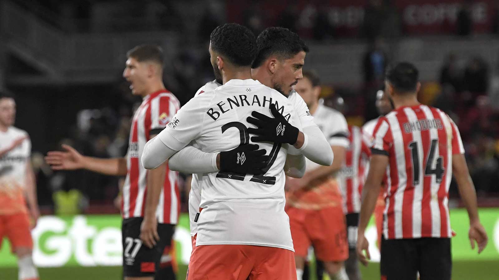 Saïd Benrahma celebrates his goal at Brentford with Pablo Fornals