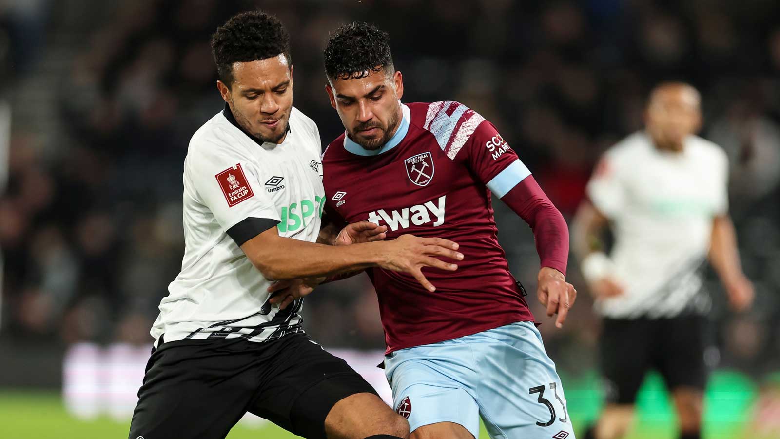 Emerson battles for possession at Derby