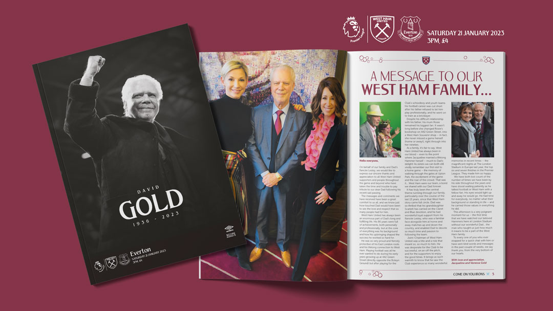 Everton Programme cover showing tribute to David Gold