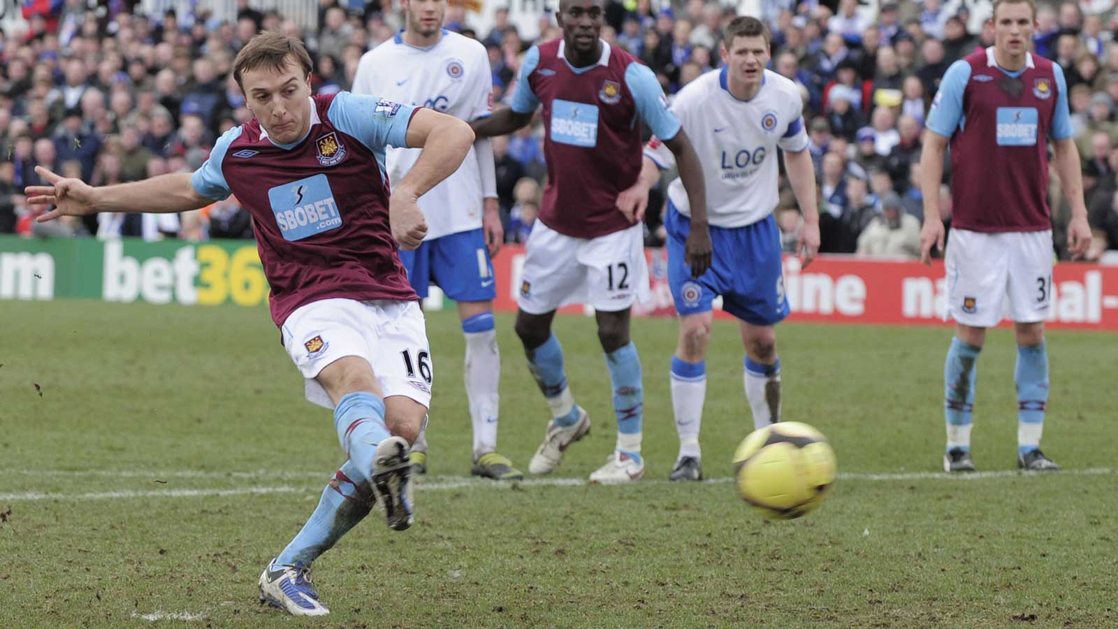 Mark Noble scores a penalty at Hartlepool