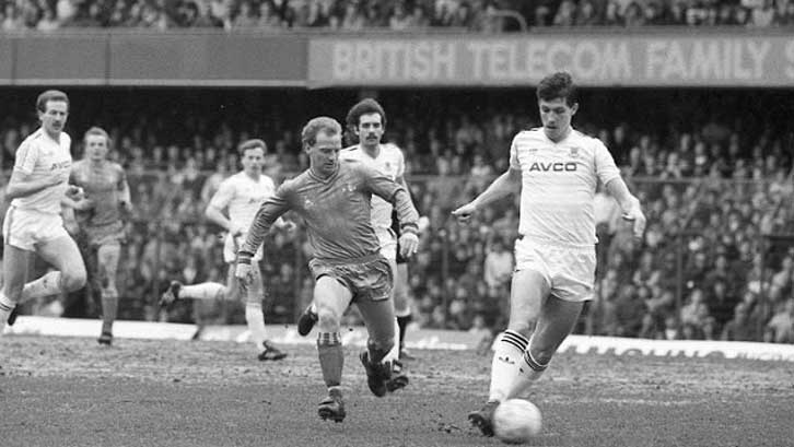 Alan Devonshire (centre) in action during the 4-0 win at Stamford Bridge in March 1986