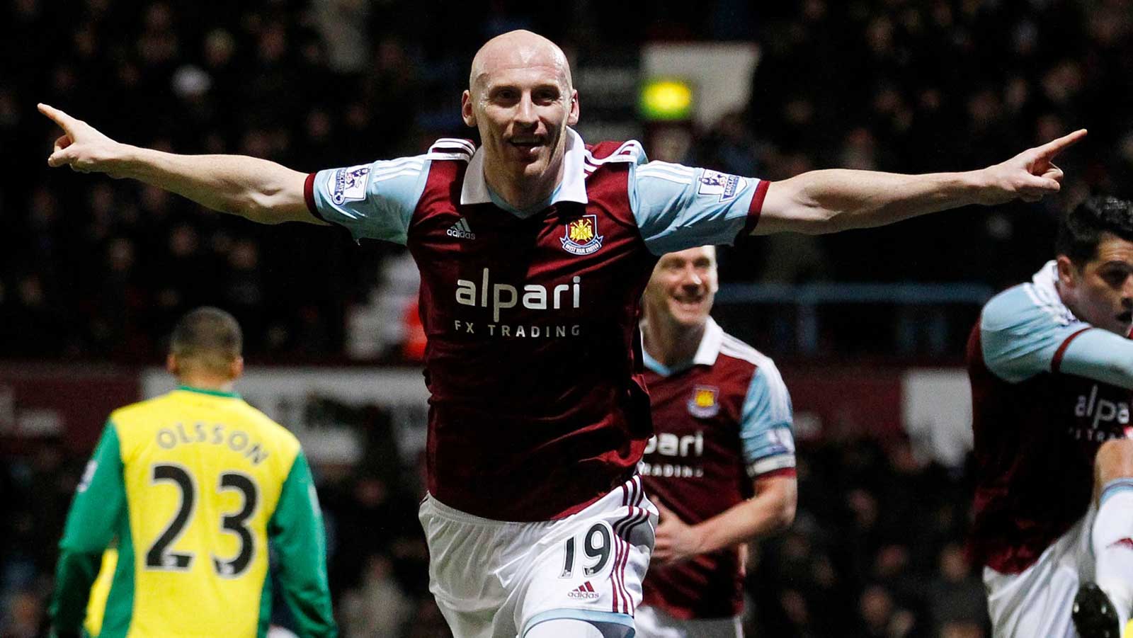 James Collins celebrates his goal against Norwich in 2014