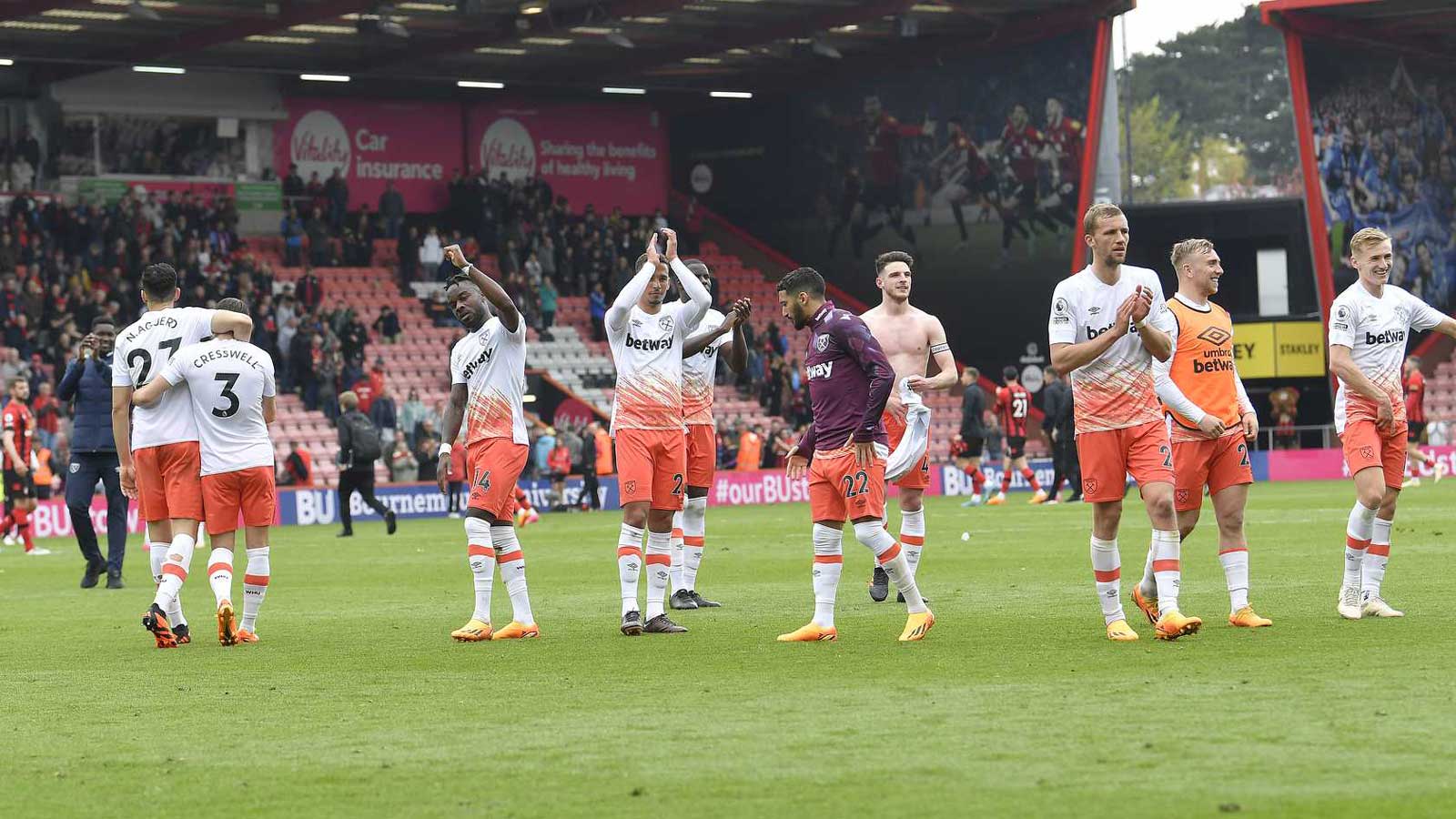 West Ham players applaud the fans at full-time at Bournemouth
