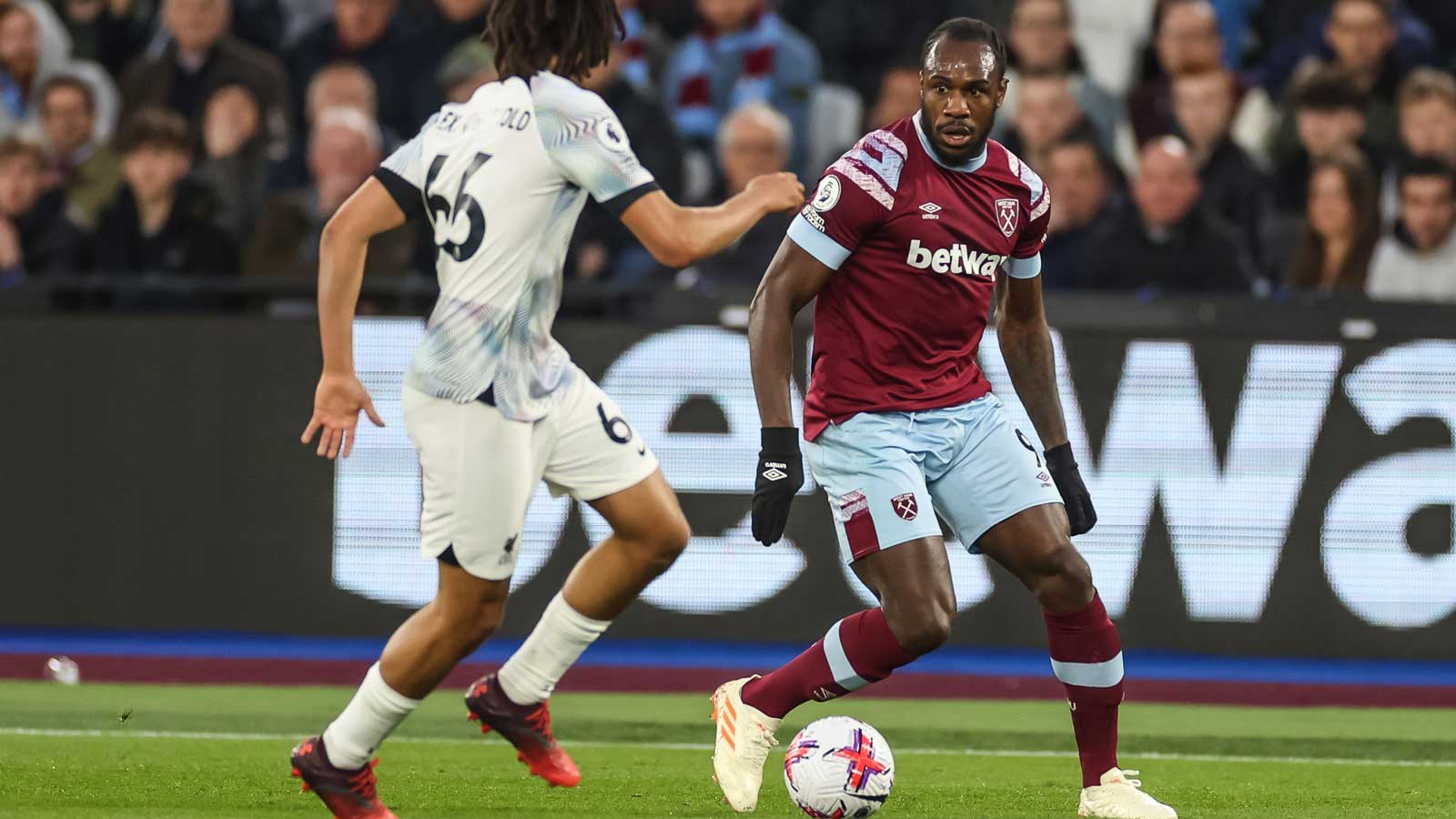 Michail Antonio in action against Liverpool