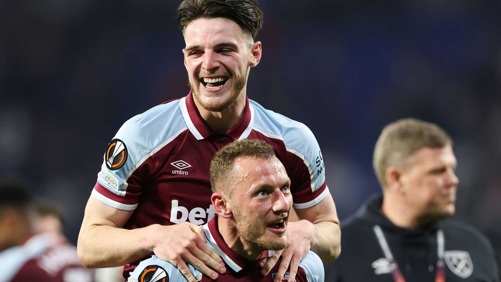 Declan Rice and Vladimír Coufal celebrate in Lyon