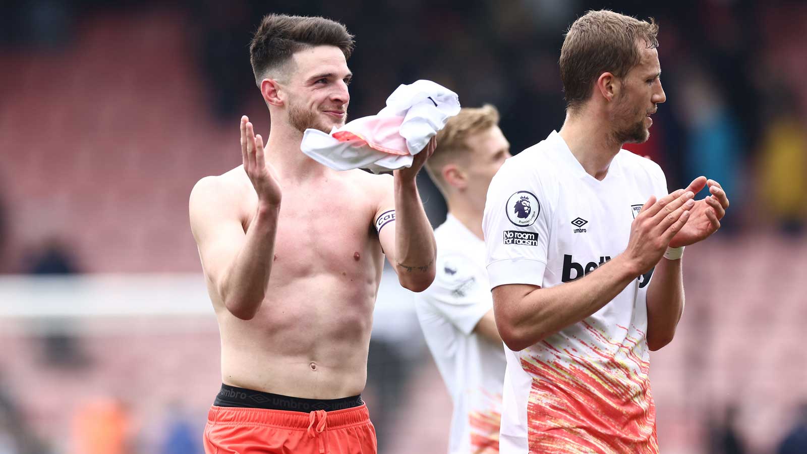 Declan Rice applauds the Hammers fans at full-time