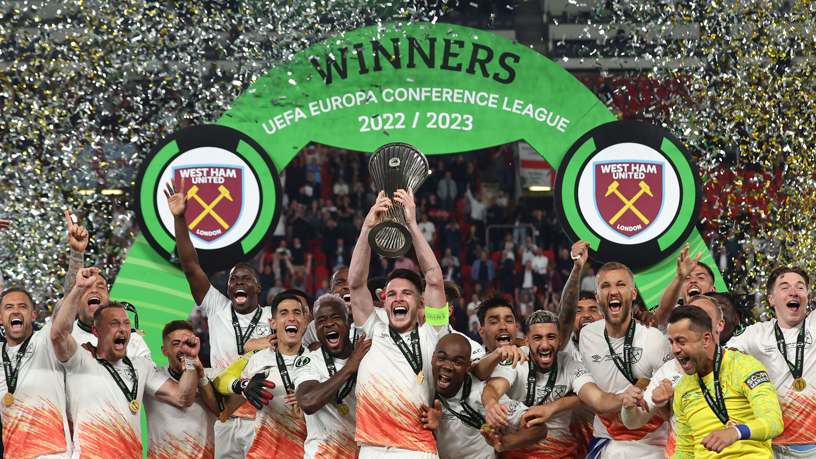 Declan Rice lifts the UEFA Europa Conference League trophy