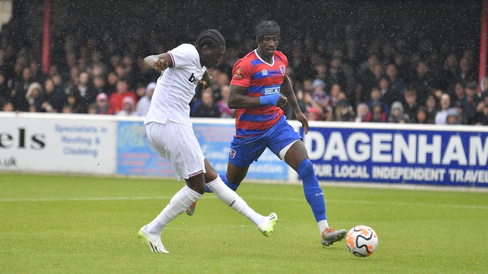 Divin Mubama scores the Hammers' second at Dagenham