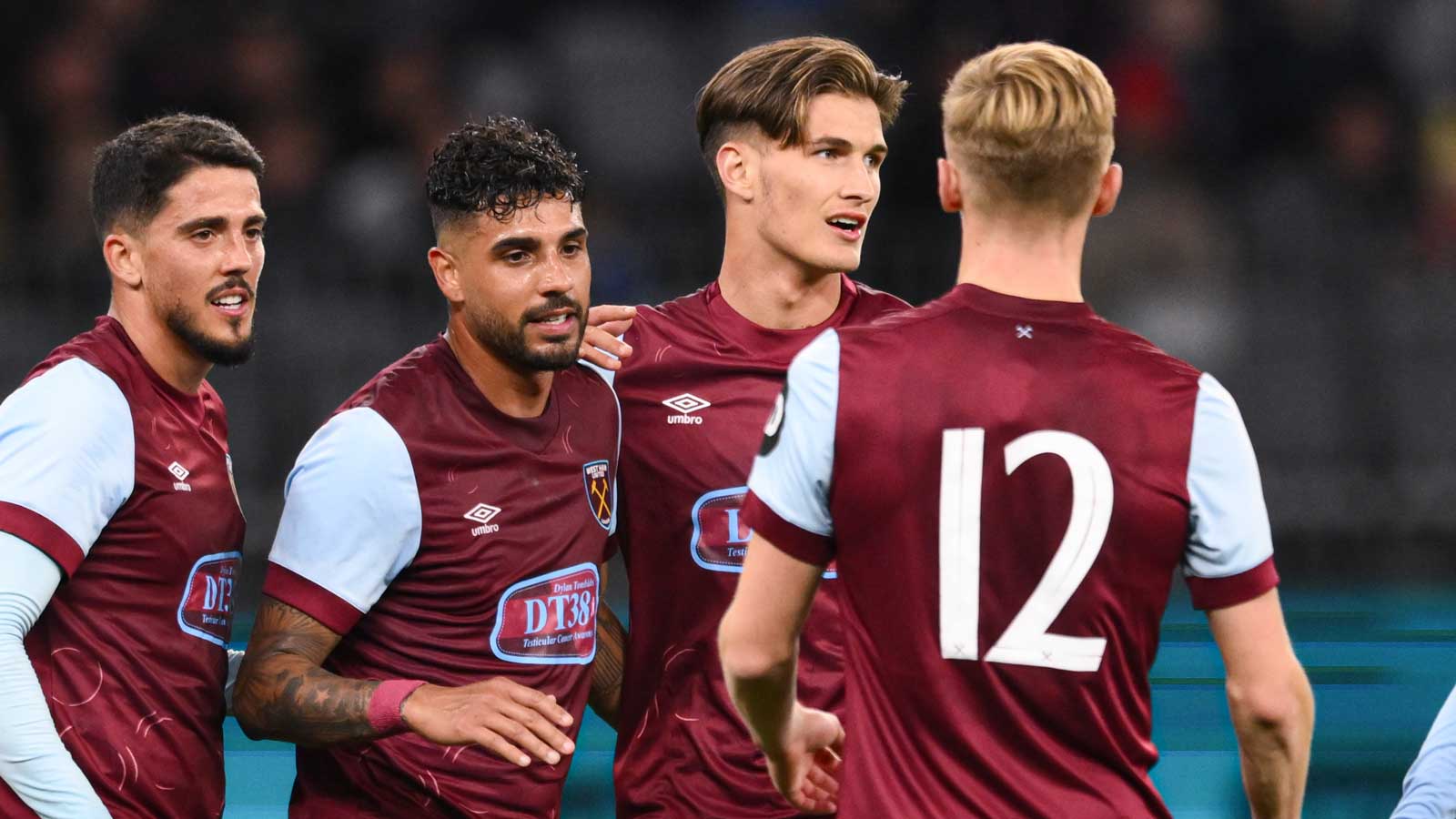 Freddie Potts celebrates with Flynn Downes, Emerson and Pablo Fornals