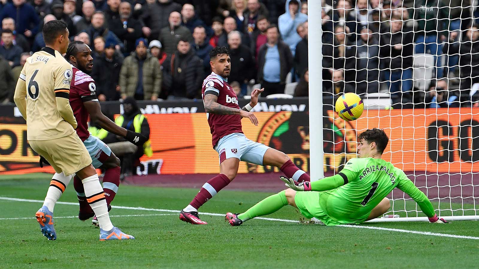 Emerson scores in last season's 1-1 draw against Chelsea at London Stadium