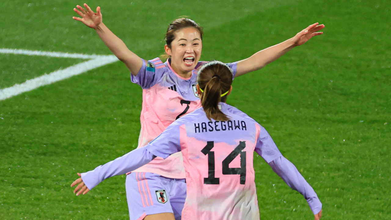 Risa Shimizu celebrates her goal for Japan against Norway