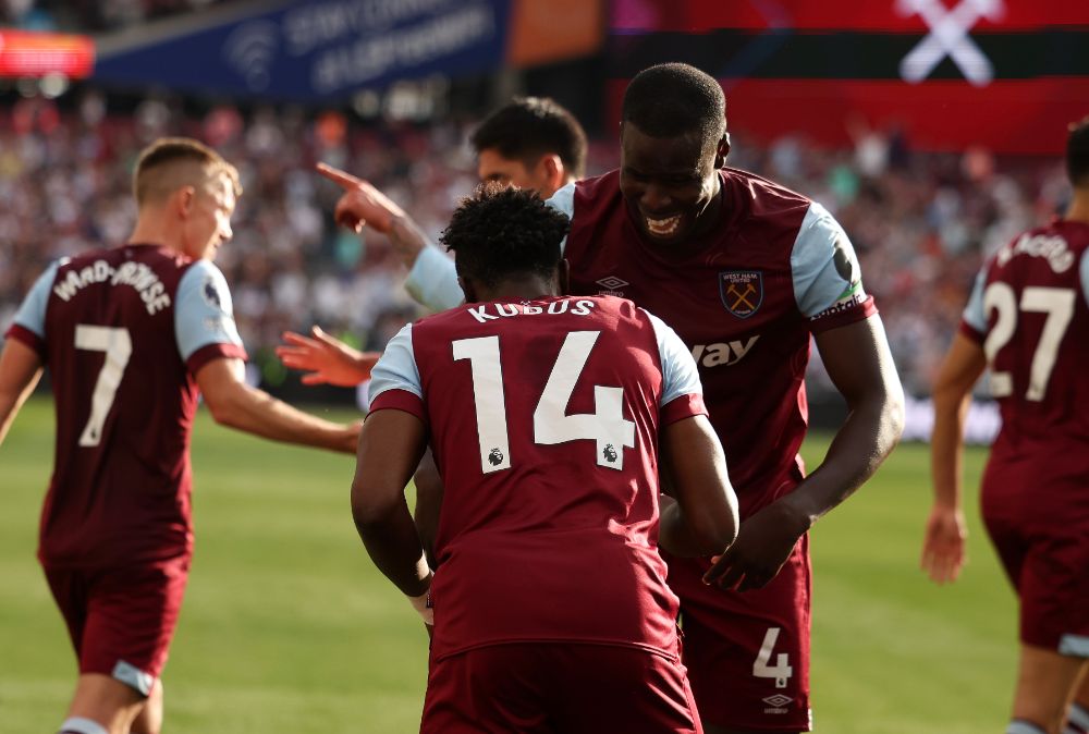 Mohammed Kudus celebrates his goal with Kurt Zouma