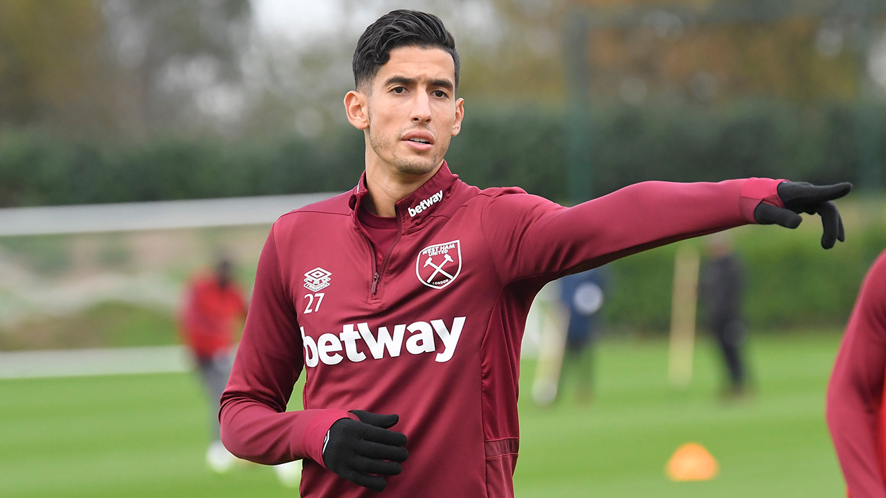 Nayef Aguerd points during a training session at West Ham United