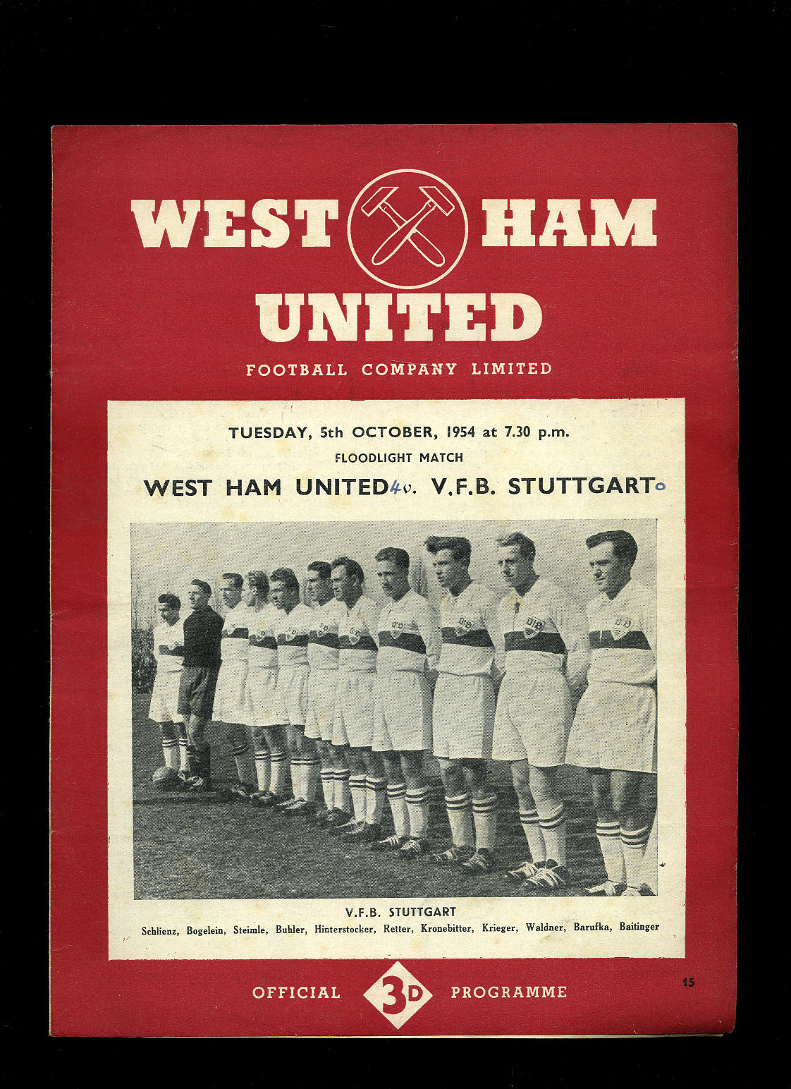 Official Programme from 1954 v VfB Stuttgart