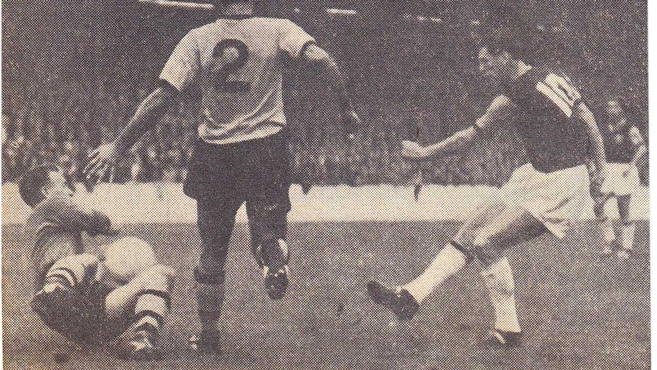 John Dick scores against Wolves in August 1958