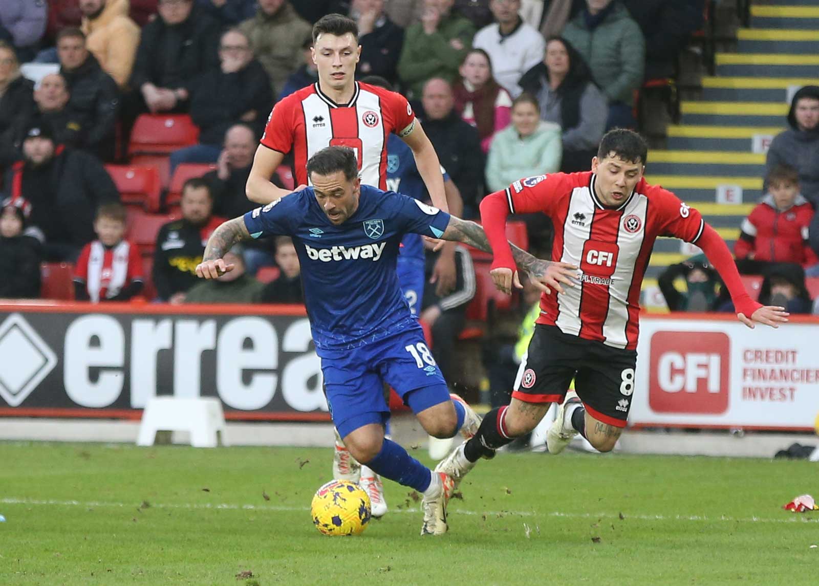 Danny Ings is fouled by Gustavo Hamer at Sheffield United