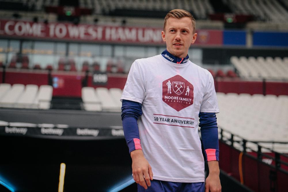 James Ward-Prowse trains in a Moore Family Foundation t-shirt