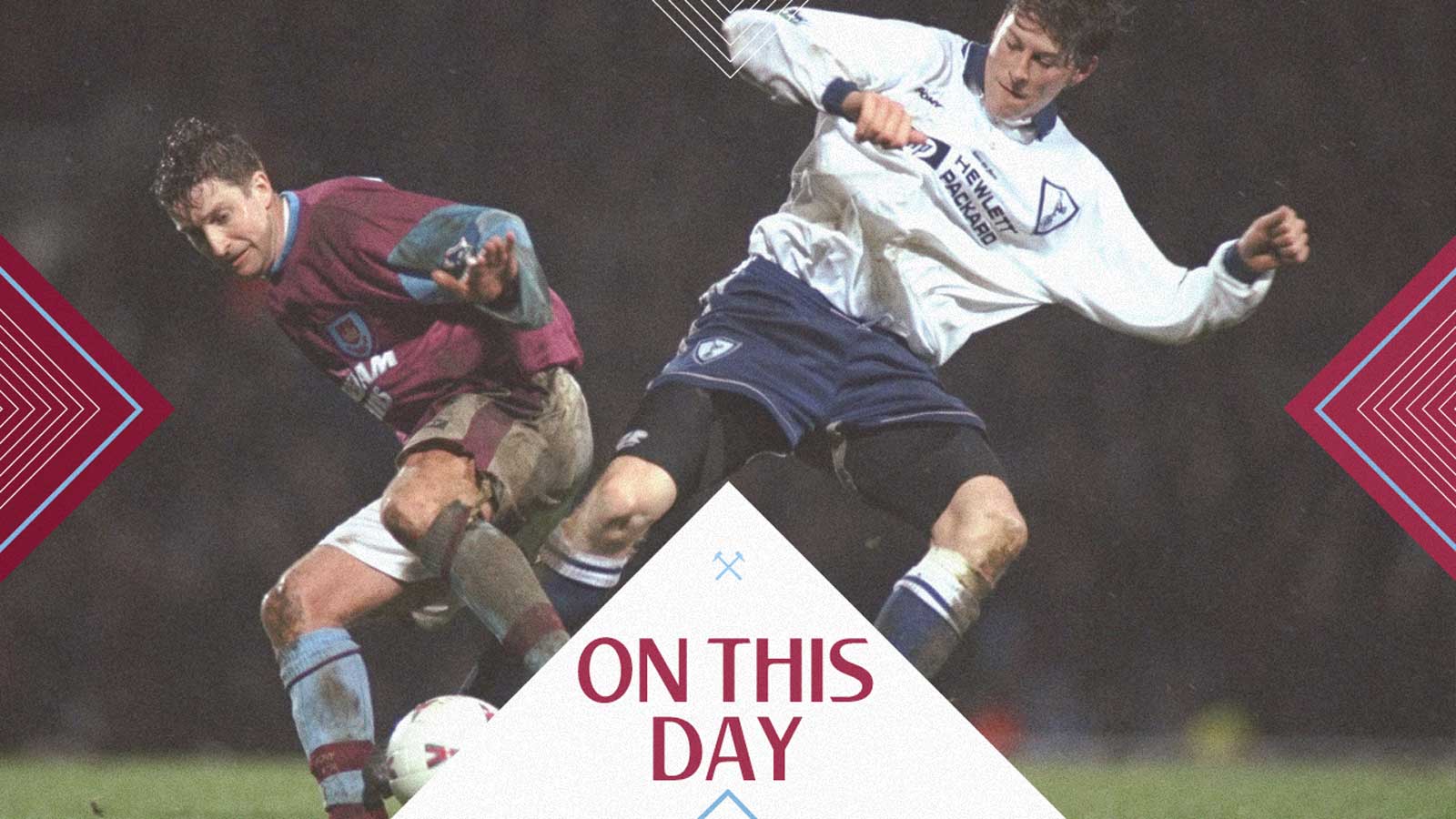 John Moncur and Darren Anderton battle for possession as West Ham beat Tottenham Hotspur 4-3 on 24 February 1997