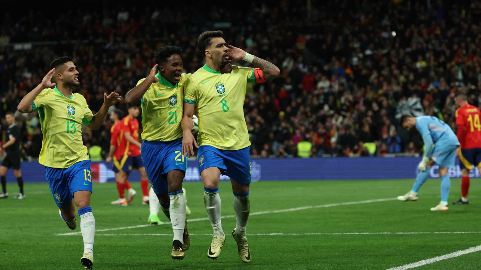 Lucas Paquetá celebrates scoring from Brazil against Spain