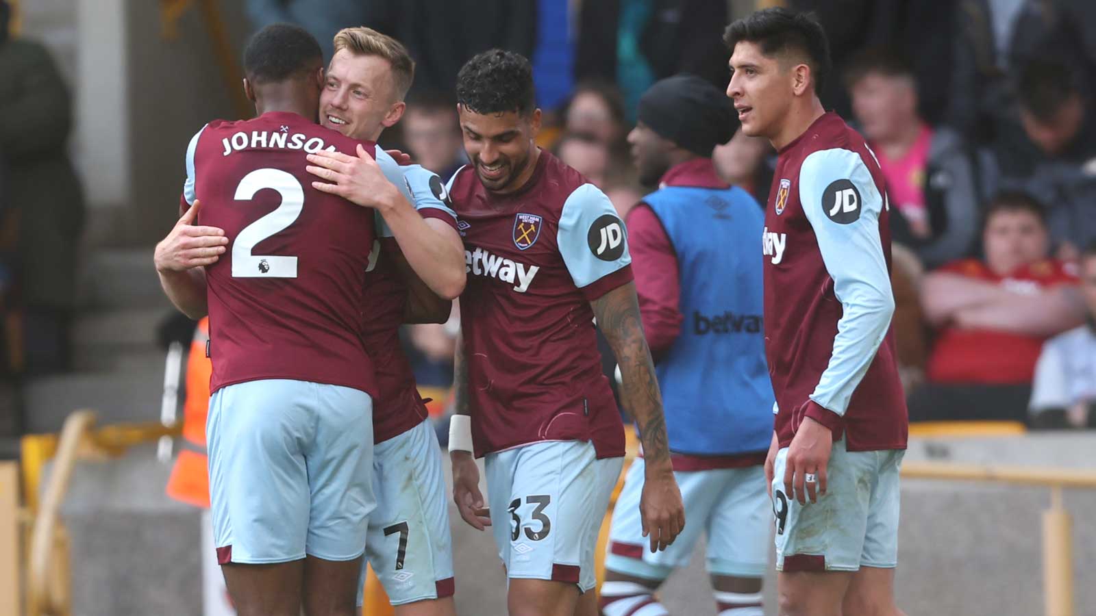 Emerson celebrates the Hammers' winner with James Ward-Prowse and Ben Johnson