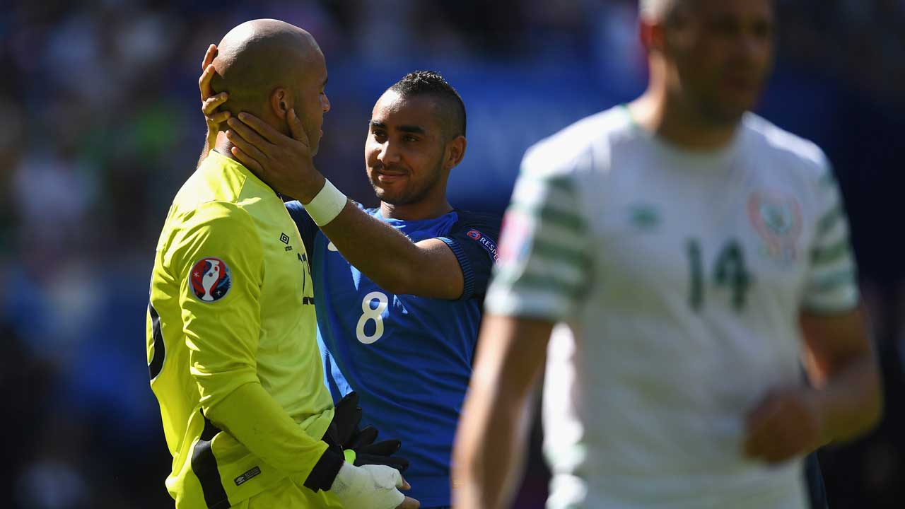 Darren Randolph and Dimitri Payet at UEFA Euro 2016