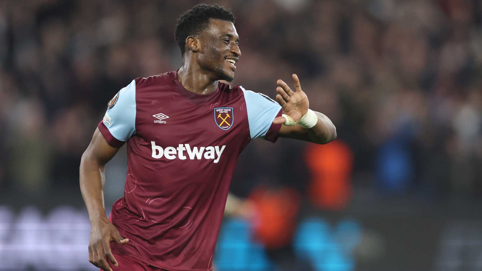 Mohammed Kudus celebrates scoring for West Ham United against SC Freiburg