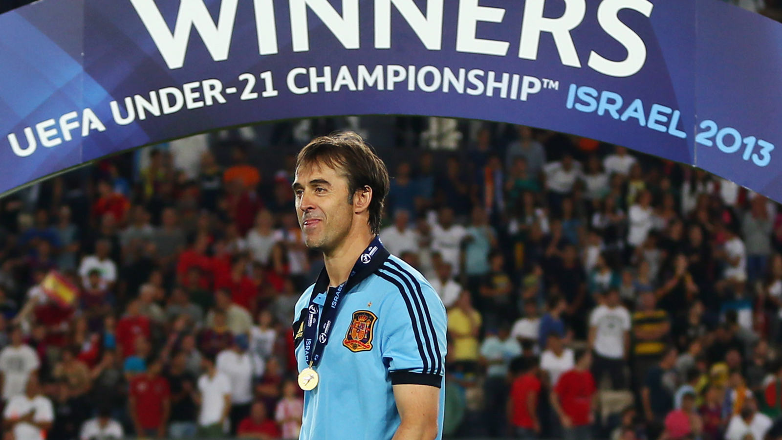 Julen Lopetegui with his winner's medal from the UEFA U21 Championship