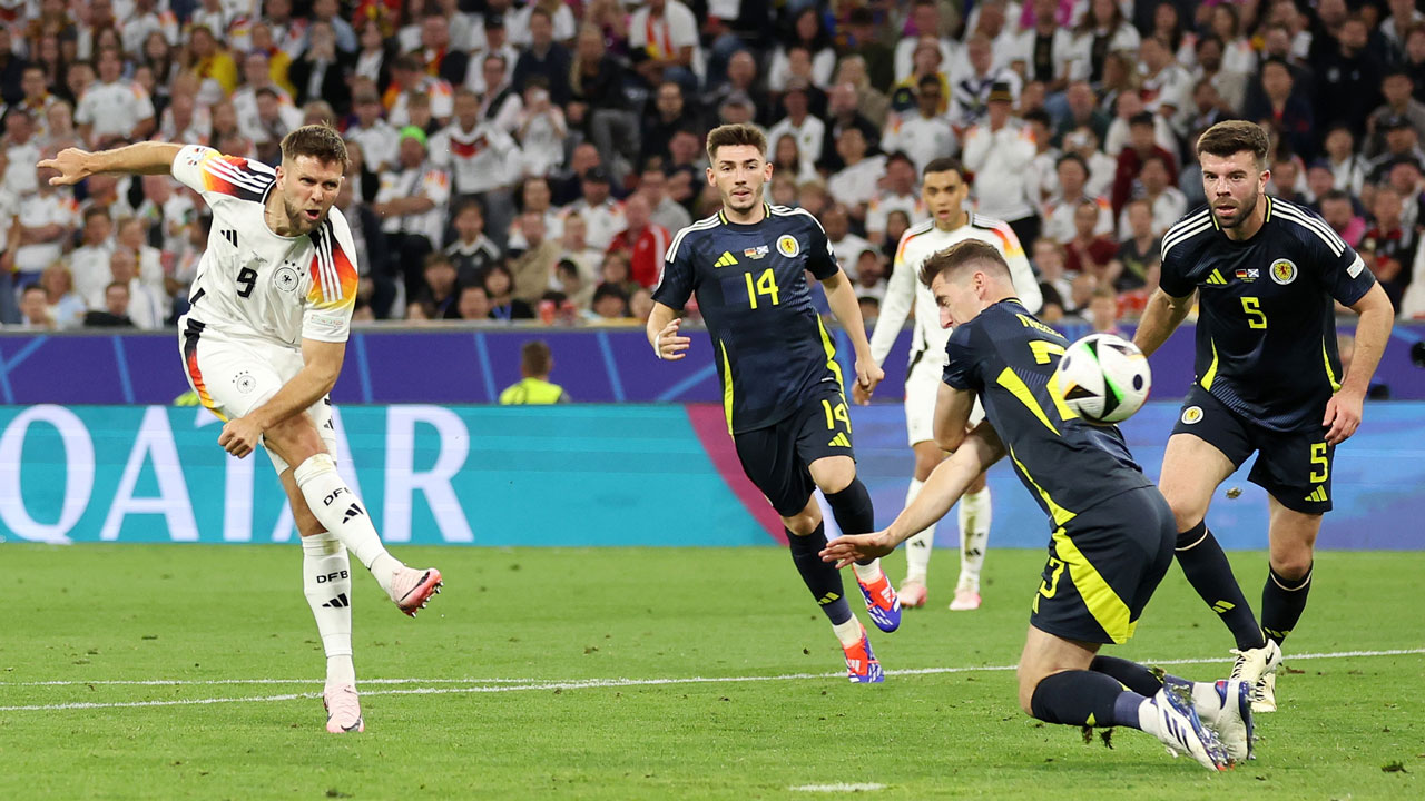 Niclas Füllkrug scores against Scotland at UEFA Euro 2024