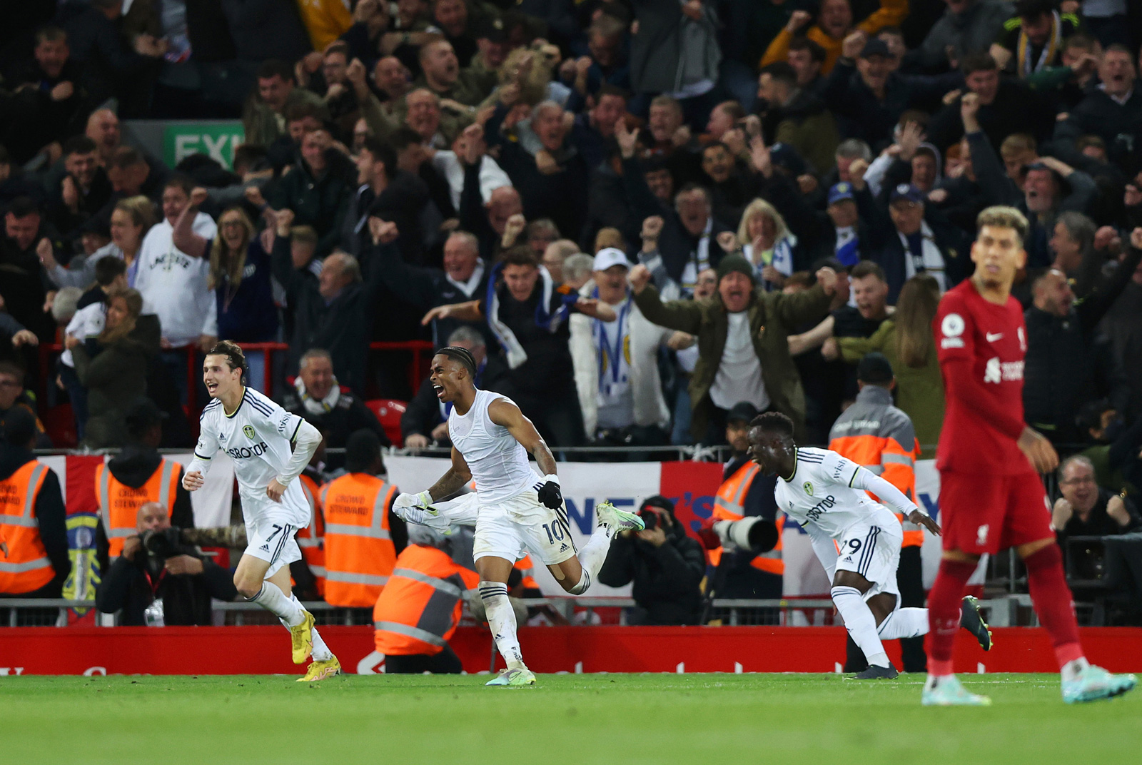 Crysencio Summerville celebrates scoring for Leeds against Liverpool