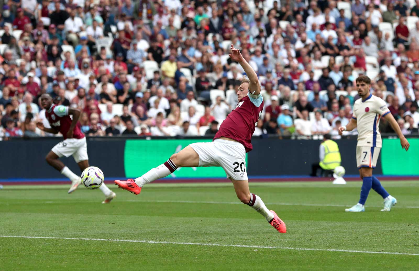 Jarrod Bowen stretches in vain to reach a cross against Chelsea