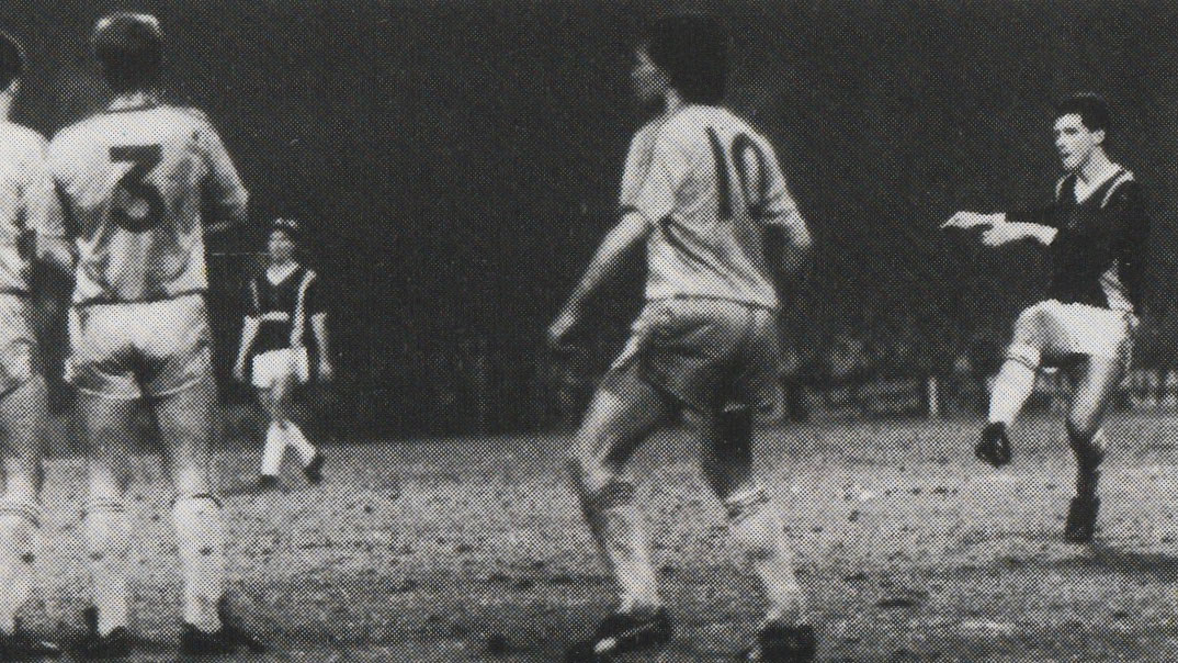 Tony Gale scores a free-kick against Liverpool in the League Cup in November 1988