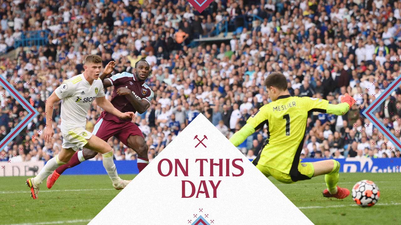 Michail Antonio scores the Hammers' late winner at Leeds United in September 2021