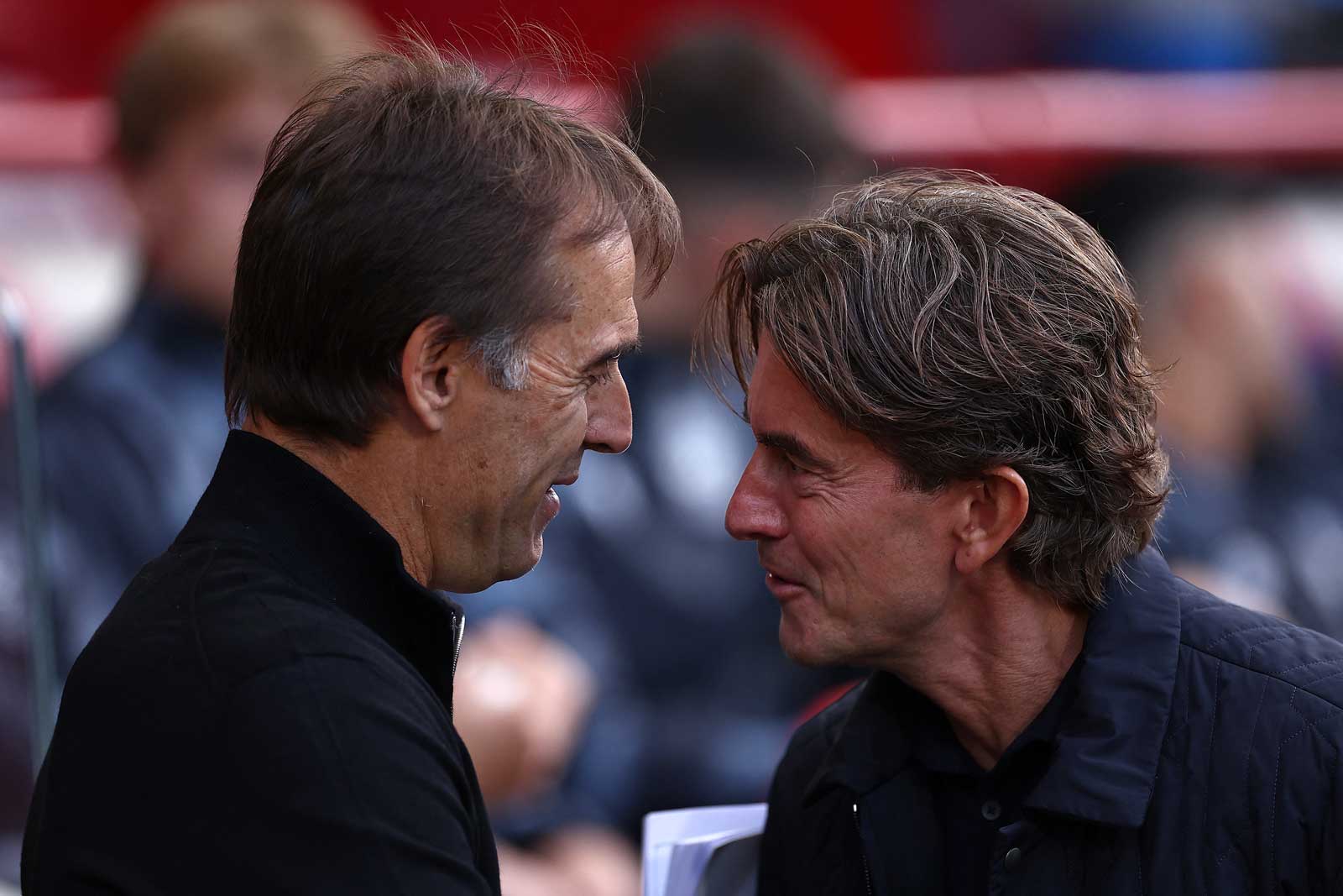 Julen Lopetegui and Thomas Frank share a word during the 1-1 draw at Brentford