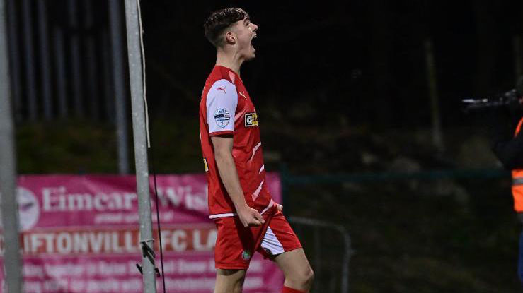 Sean Moore celebrates scoring for Cliftonville