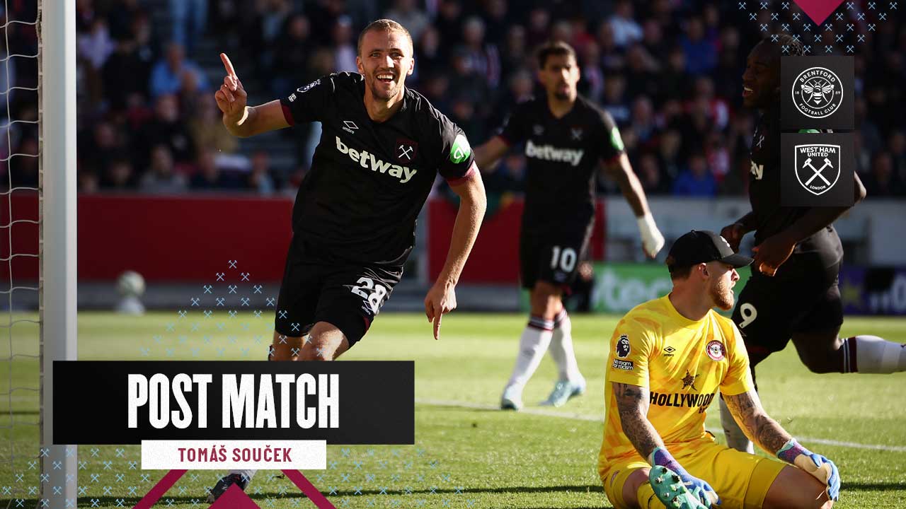 Tomáš Souček celebrates his equaliser at Brentford