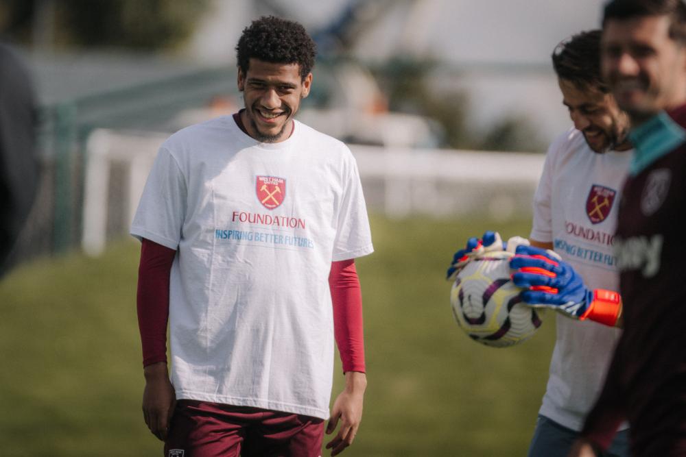 Jean-Clair Todibo trains in a West Ham United Foundation t-shirt