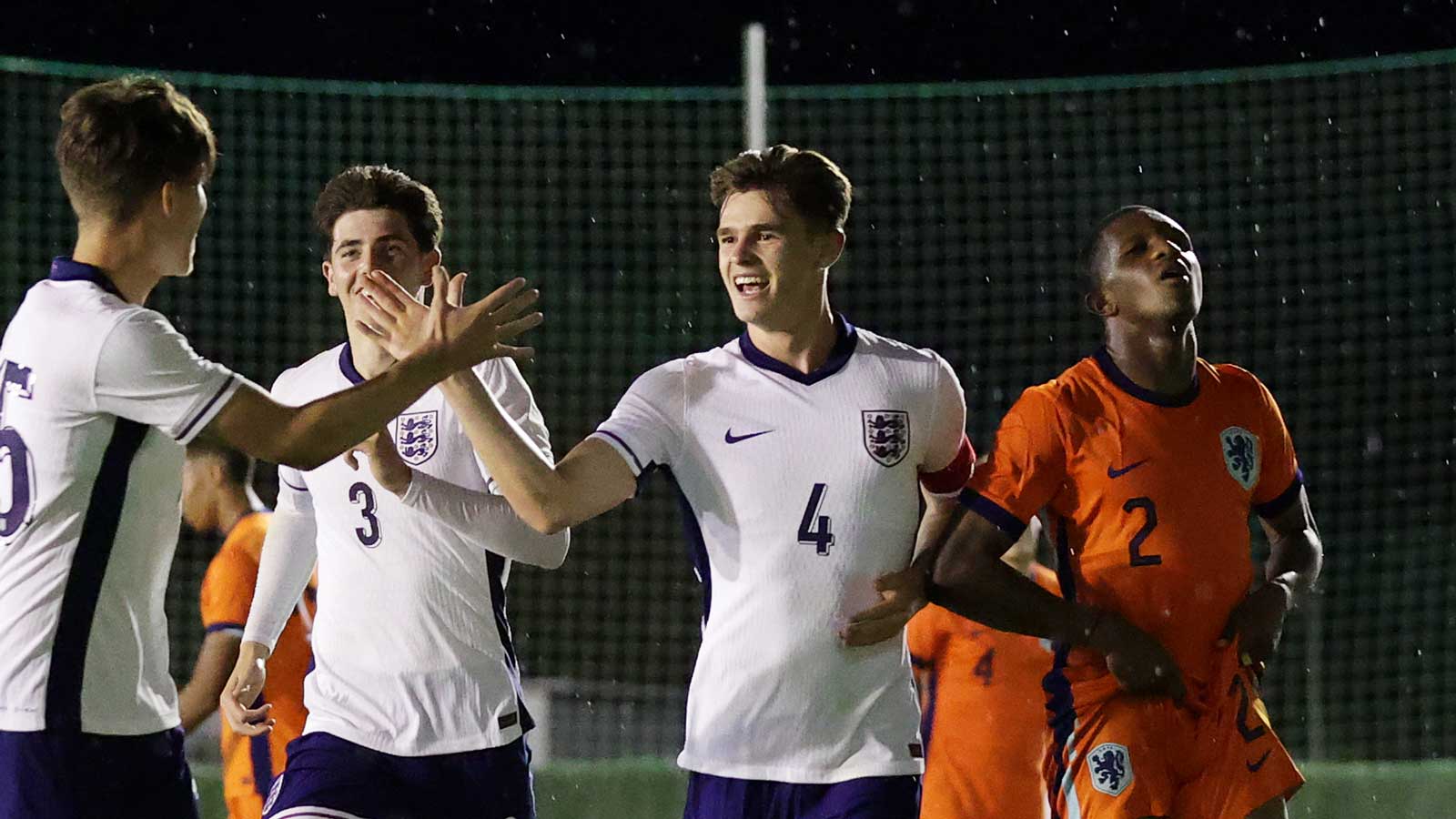 Lewis Orford celebrates scoring for England U19s against Netherlands