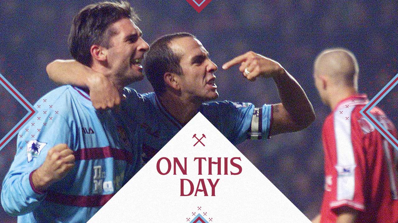 Paul Kitson celebrates with Paolo Di Canio at Charlton on 19 November 2001